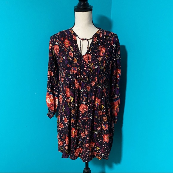 Old Navy S Black Dark Floral Multicolor Babydoll Tie Neck Mini Dress Pleated - Picture 1 of 5